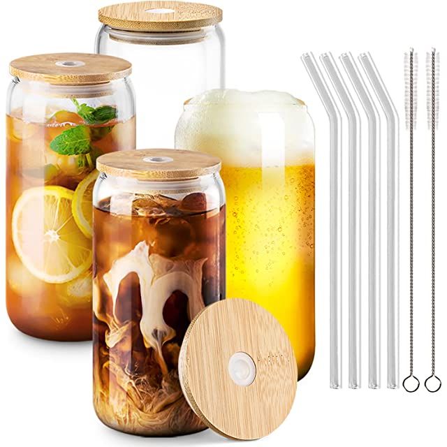 Drinking Glasses with Bamboo Lids and Glass Straw 4pcs Set - 16oz Can Shaped Glass Cups, Beer Gla... | Amazon (US)