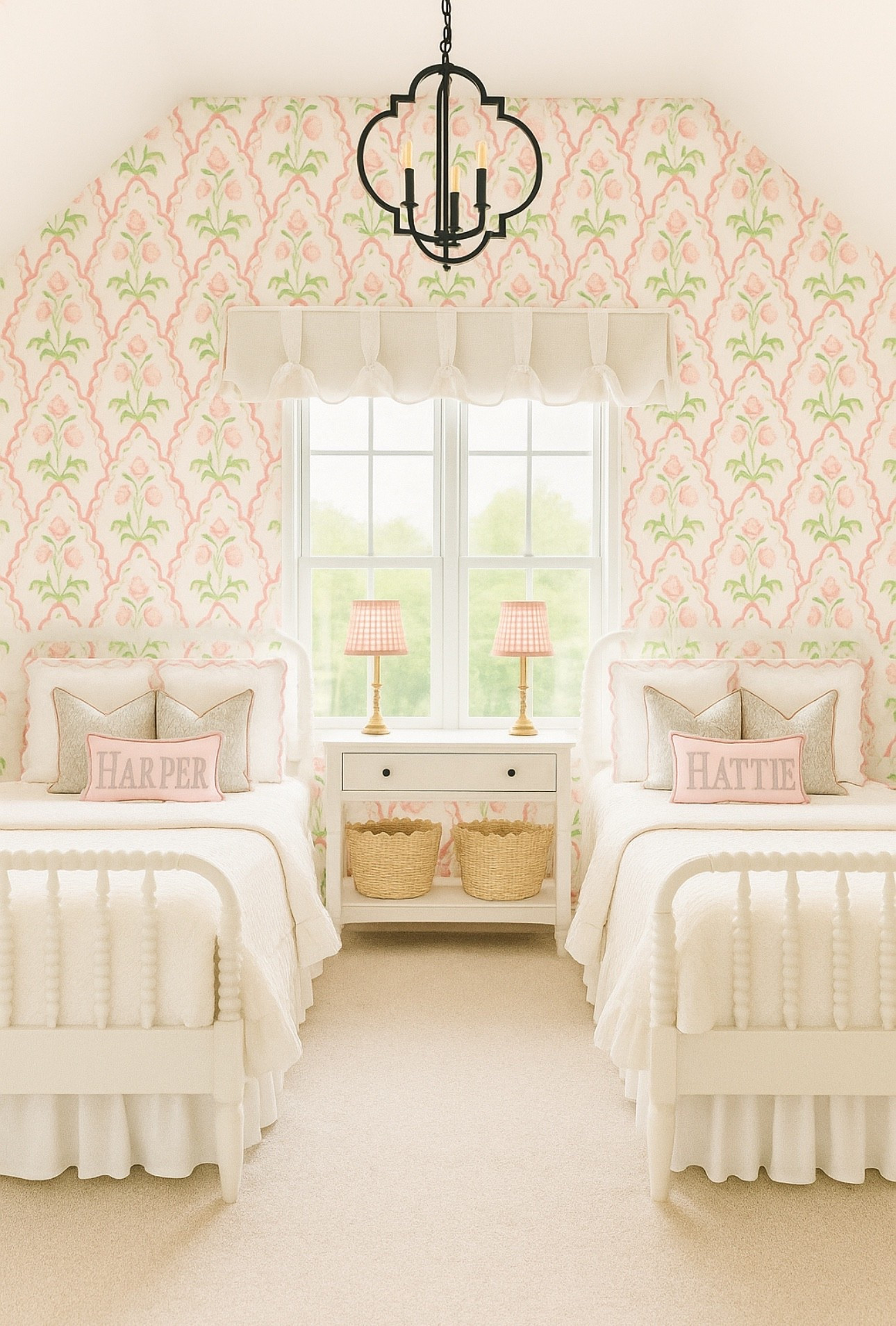 GRANDMILLENIAL SHARED TODDLER GIRLS ROOM | My final inspiration for my girls shared room! I love all things Camilla Moss, Jenny Lind, LoveShackFancy, scallops, florals, and bows and this room is truly everything I dreamed of and more. I can’t wait to see this come to life! 

#LTKHome #LTKFamily #LTKKids
