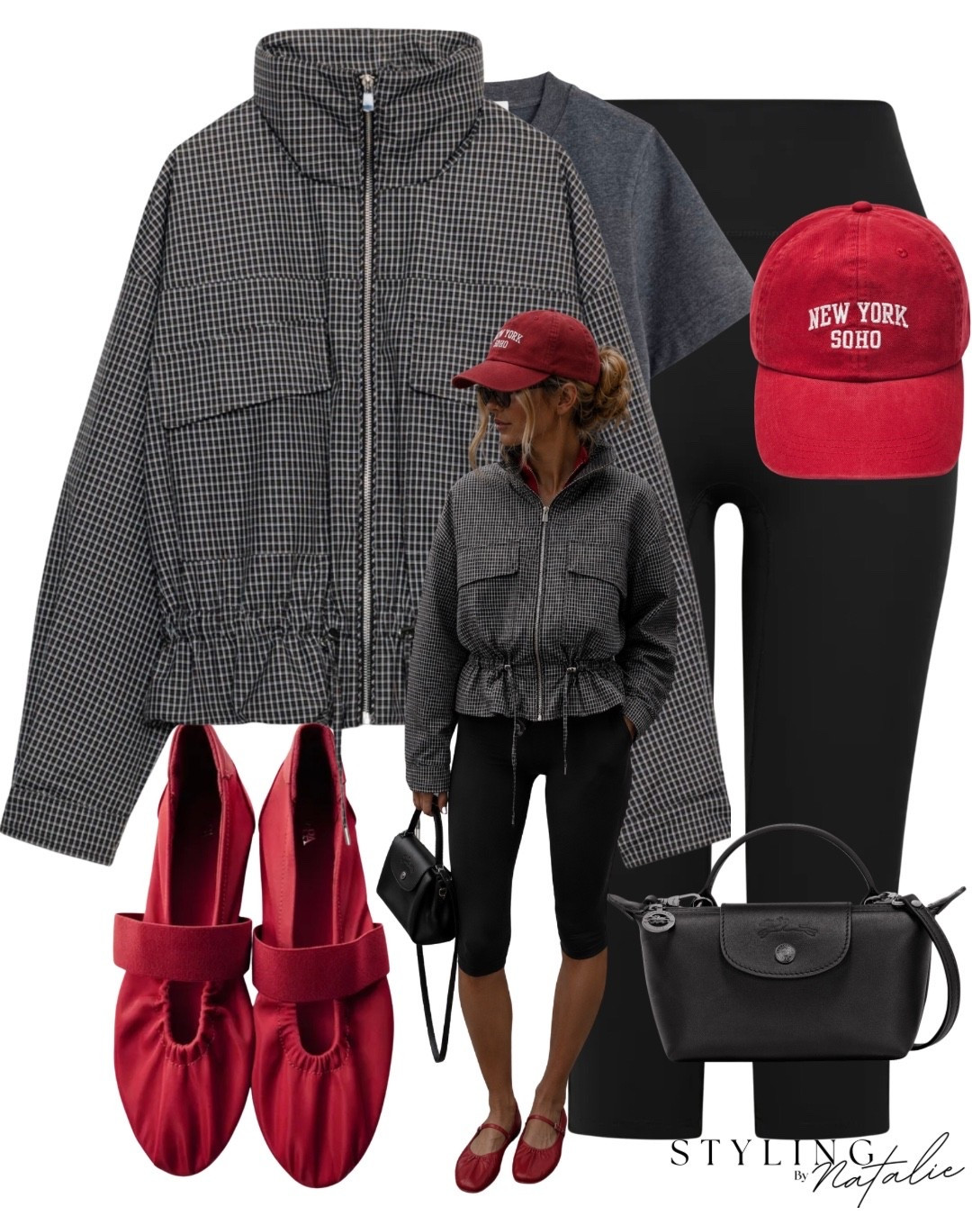 Checkered bomber jacket with a drawstring waist and funnel neck zip up a black pair of Capri leggings and a red baseball cap with New York graphic print and red ballerinas with a black mini longchamp crossbody bag ￼❤️
Auto outfit, fall outfit, jacket, Zara comfy casual everyday wear transitional style pop of red cool girl ￼

#LTKautumn #LTKuk #LTKeurope