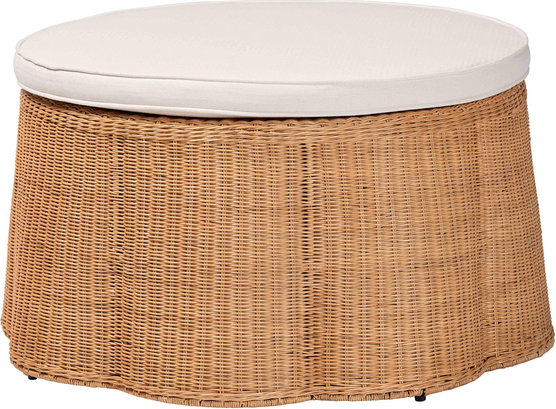 Palm Scallop Natural Rattan 32 Inch Round Ottoman with Cushion In Light Honey | 1stopbedrooms