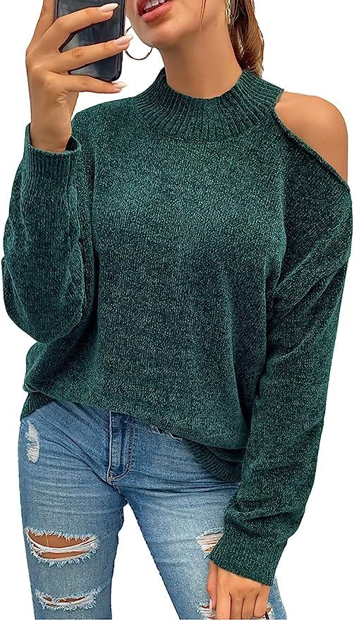 PRETTYGARDEN Women's Velvet Knit Sweater Cutout Long Sleeve Cold Shoulder Loose Warm Jumper Sweat... | Amazon (US)