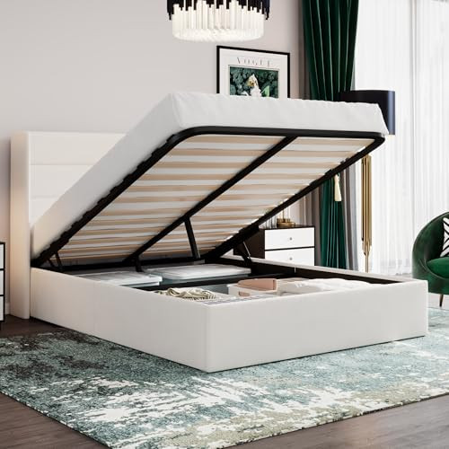 SHA CERLIN Queen Size Lift Up Hydraulic Storage Bed Frame White | Amazon (US)