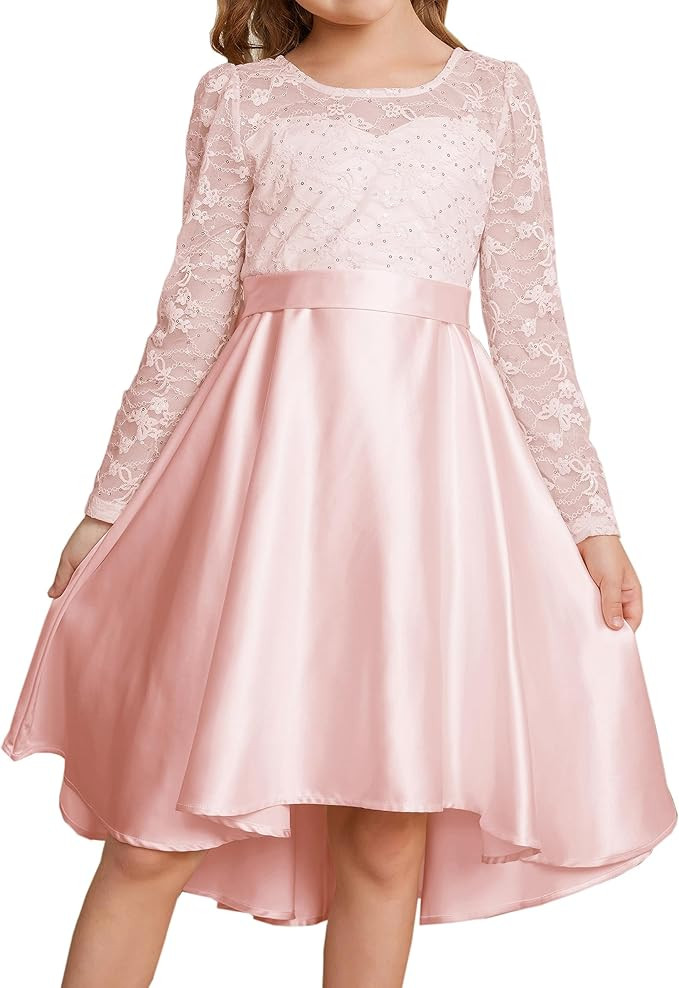 GRACE KARIN Girls Lace Sequin Dress High Low Dress Long Sleeve Wedding Dress for Girls 6-14Y | Amazon (US)
