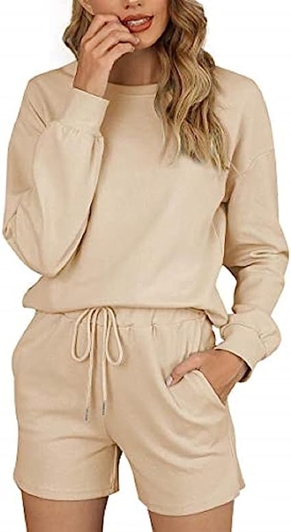 Women's Pajama Set Cozy Cotton Loungewear Shorts Long Sleeve Sleepwear Pjs with Pockets | Amazon (CA)