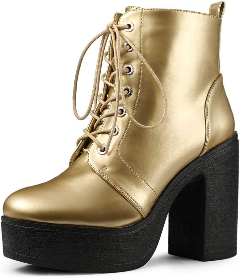 Allegra K Women's Platform Chunky High Heel Lace Up Combat Boots | Amazon (US)