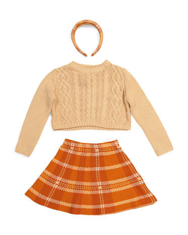 Girls Cable Sweater And Plaid Skirt Set With Headband | TJ Maxx