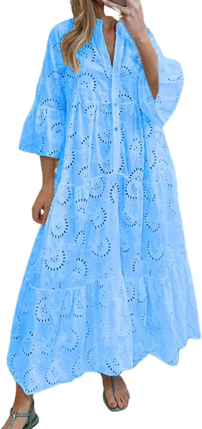 Women Eyelet Dress Boho Maxi Dress Elegant Lace Hollow Dress Summer V Neck Bell Sleeve Ruffle Cas... | Amazon (US)