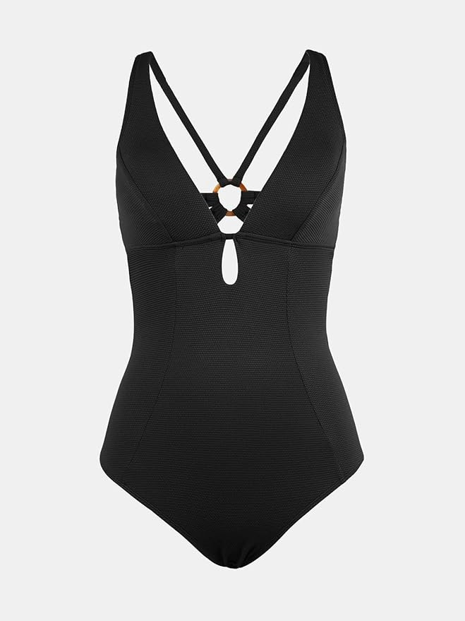 CUPSHE Women's One Piece Swimsuit Deep V Neck Keyhole Cutout O Ring Textured Bathing Suit | Amazon (US)