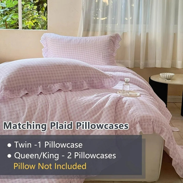 Pink Gingham Ruffle Queen Comforter Set, Pink Ruffled Plaid Bedding Set, Checked Bed Comforter 3 ... | Walmart (US)