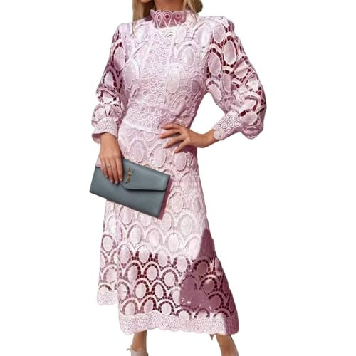 TIAFORD Women's Fall Lace Embroidered Eyelet Dress Party Puff Long Sleeve Hollow Out A Line Midi Dresses for Women | Amazon (US)