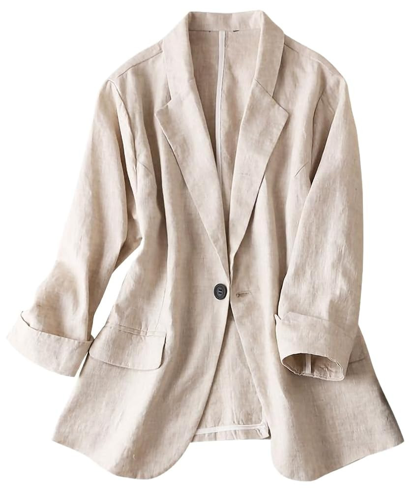 IDEALSANXUN Womens Linen Blazer Notch Lapel One Button Suit Coat Jackets | Amazon (US)