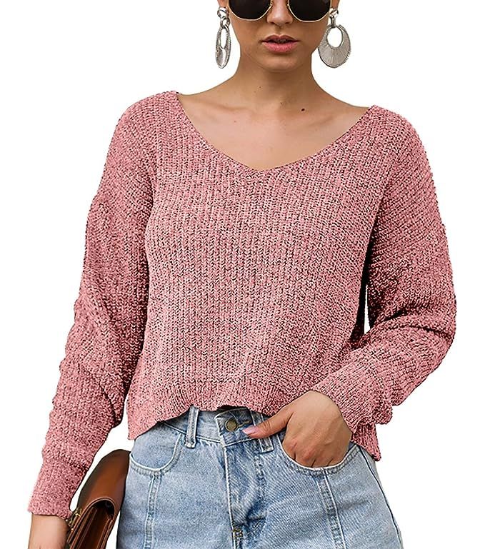 BTFBM Women V-Neck Long Sleeve Solid Chenille Soft Knit Sweater Crop Top Fashion Casual Pullover ... | Amazon (US)