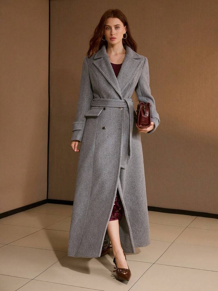 MOTF PREMIUM WOMEN DOUBLE BREASTED LAPEL LONG OVERCOAT | SHEIN