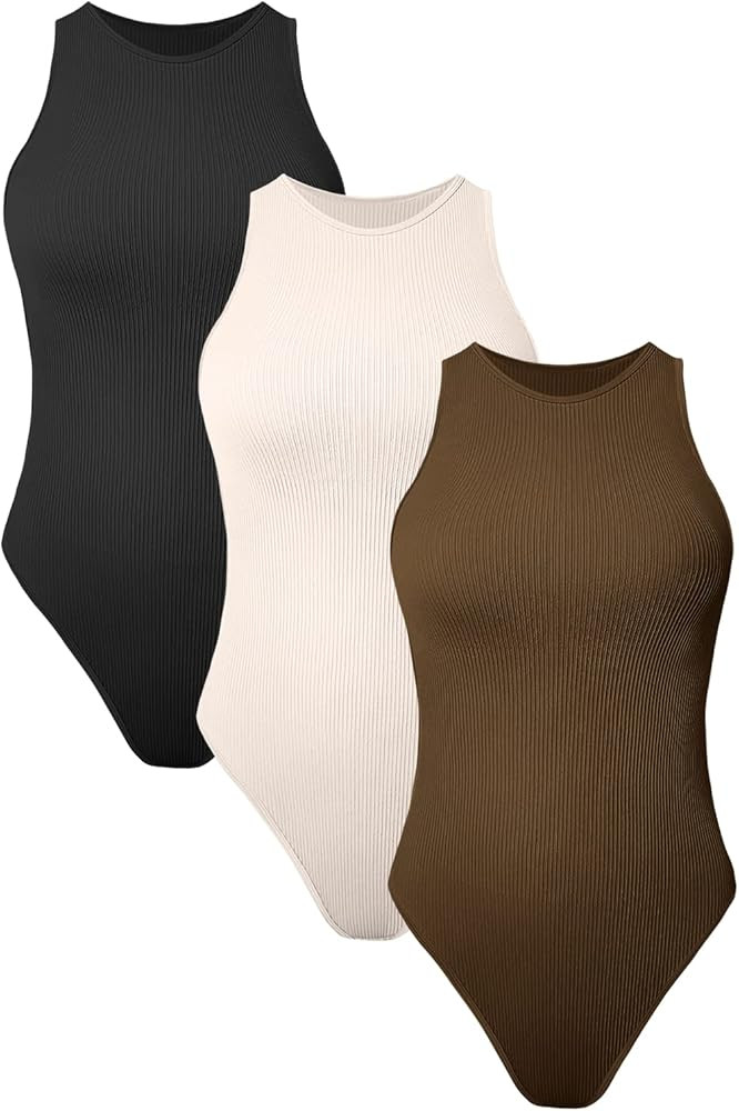 AUTOMET Womens 3 Piece Bodysuits Sexy Ribbed Sleeveless Halter Neck Shapewear One Piece Jumpsuits... | Amazon (US)
