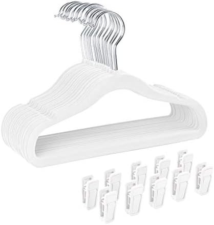 Finnhomy Non-Slip Clothes Hangers for Baby and Kids 30-Pack Velvet Hangers with 10 Finger Clips, Whi | Amazon (US)