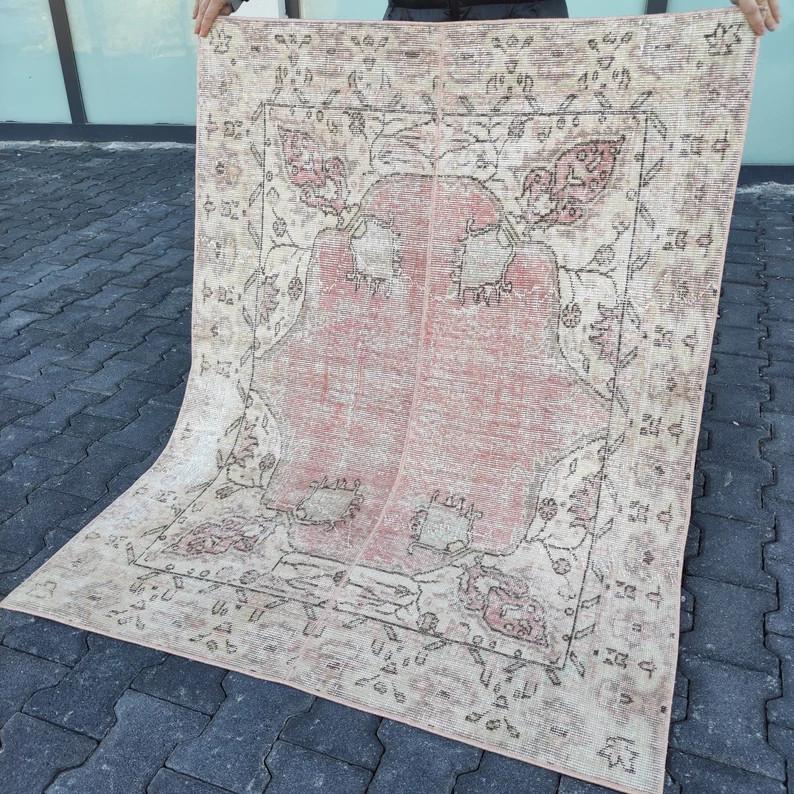 Pink Patchwork Area Rug: Handmade Vintage Anatolian Rug (3.9''x 5.09'') - Etsy | Etsy (US)