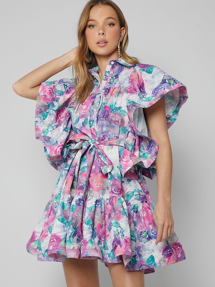 SHEIN X Katalyst Kouture Floral Print Belted Ruffle Hem Dress | SHEIN