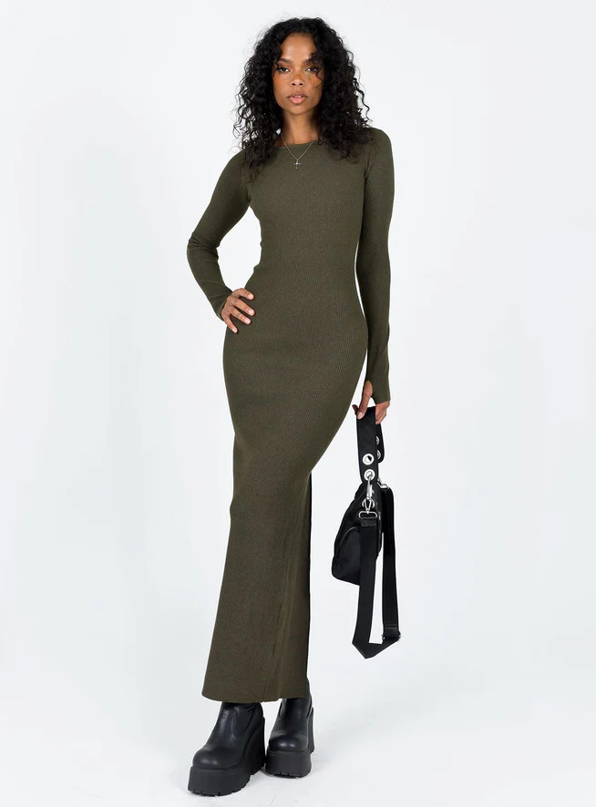 Karim Ribbed Knit Maxi Dress Khaki | Princess Polly US