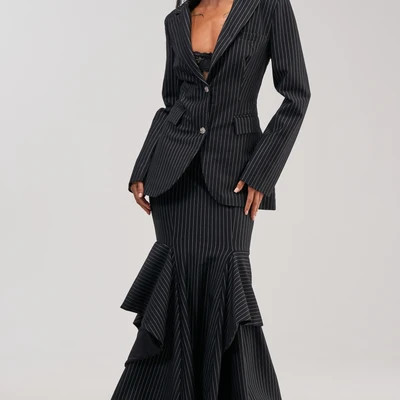 GIVE IT UP PINSTRIPE MAXI SKIRT Current price: $149.90 USD / No reviews yet {"averageRating":"0","reviewCount":0} | AKIRA