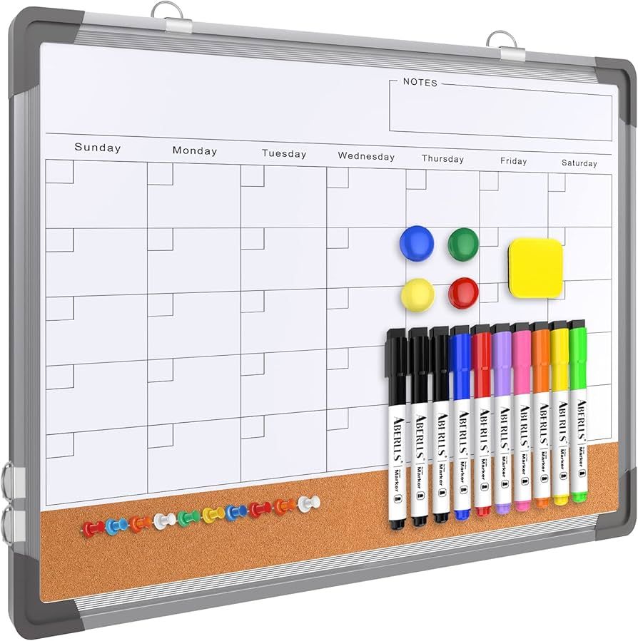 Monthly Calendar Whiteboard Dry Erase Cork Board Combination for Wall, 17"x13" Magnetic Dry Erase... | Amazon (US)