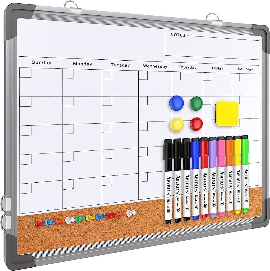 Monthly Calendar Whiteboard Dry Erase Cork Board Combination for Wall, 17"x13" Magnetic Dry Erase... | Amazon (US)