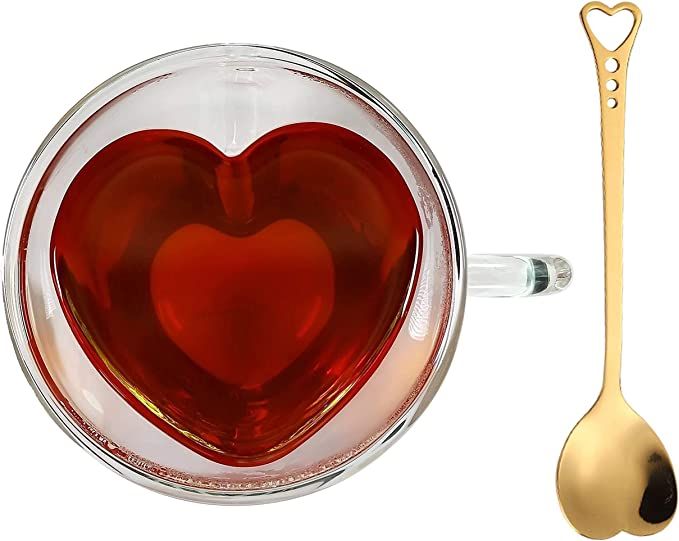 Heart Shaped Cup - Double Walled Insulated Glass Coffee Mug or Tea Cup - Double Wall Glass 8oz (2... | Amazon (US)