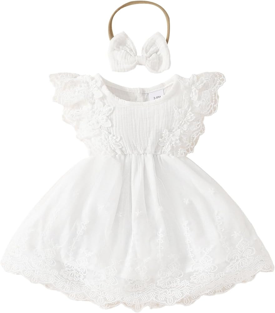Infant Baby Girl Boho Floral Lace Dress Ruffle A-Line Mesh Princess Dresses with Headband Baptism... | Amazon (US)