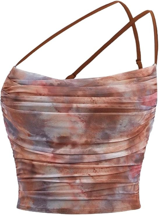 Floerns Women's Tie Dye Cut Out One Shoulder Ruched Crop Cami Top | Spaghetti Strap, Slim Fit, Go... | Amazon (US)