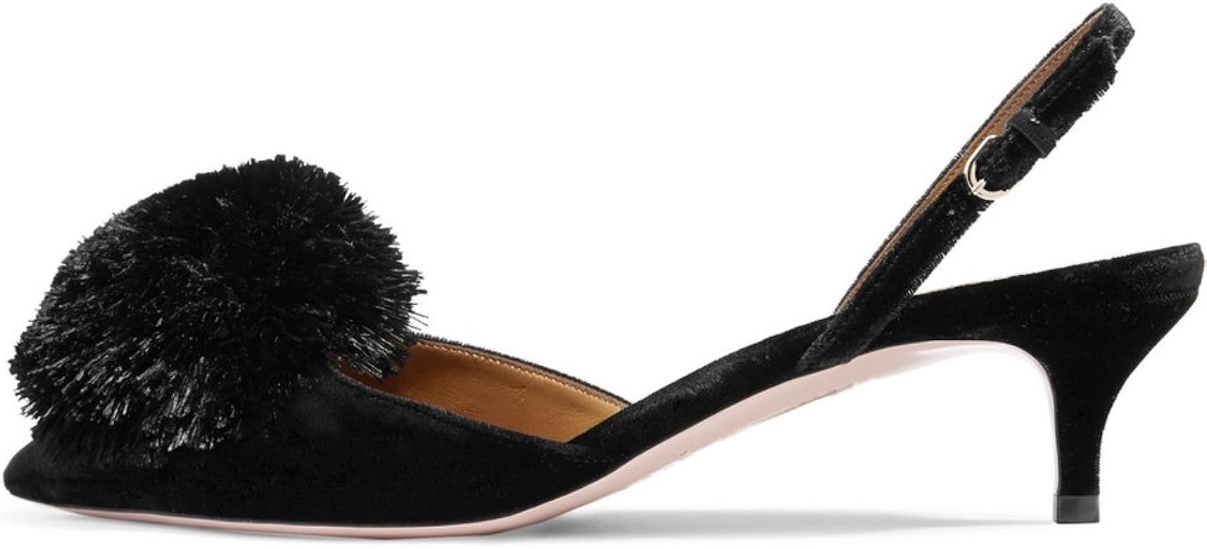 Divanne Pumps for Women, Low Heel Sandals Puff Pompom Slingback Pumps Pointed Toe Kitten Heels Eveni | Amazon (US)