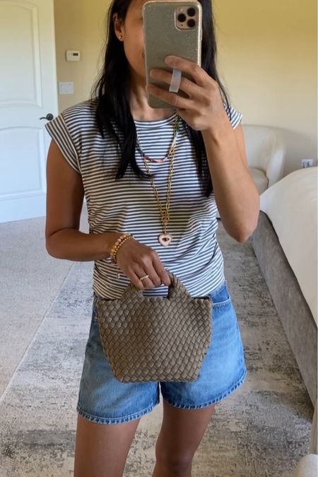 Summer outfit. Elevated Tshirt. Elevated tee. Side ruching gives nice shape. True to size or size up if on between. 
Denim shorts. Linking some favorites. 
Necklaces code Naomi20 to save. 
Summer bag. Woven bag. Mini bag with detachable strap  

#LTKOver40 #LTKSaleAlert #LTKFindsUnder100

#LTKOver40 #LTKStyleTip #LTKItBag