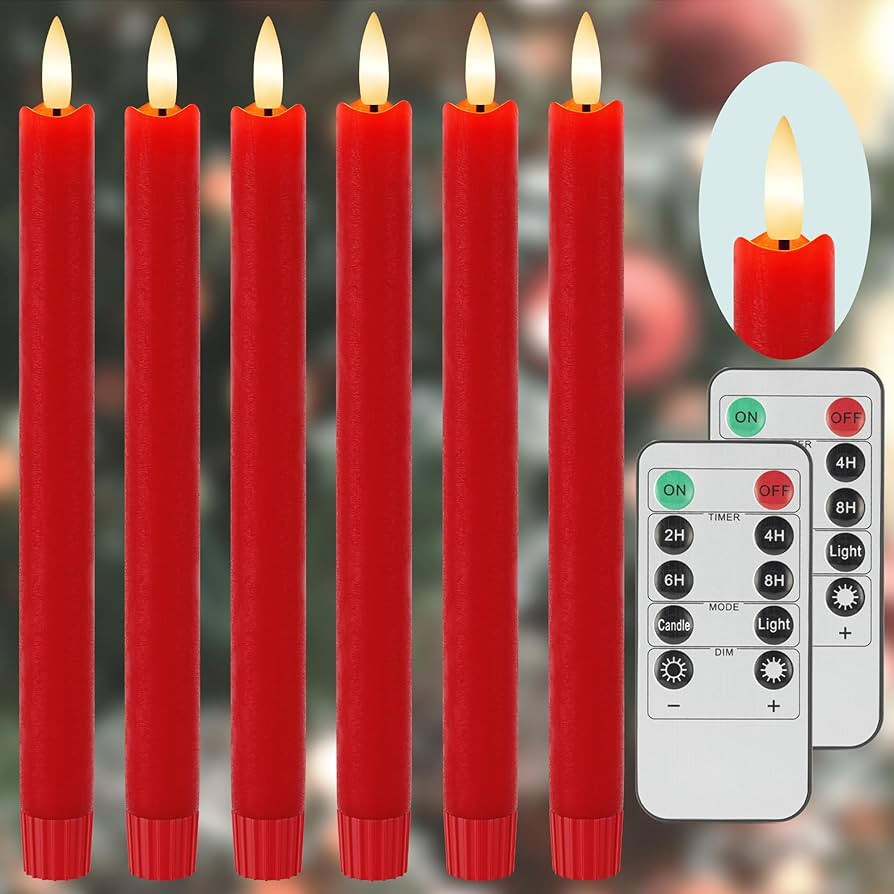 Red Flameless Taper Candles 9.6" Christmas LED Candles Real Wax with Remote Timer, Battery Operat... | Amazon (US)