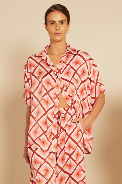 Geo Short Sleeve Top in Coral Hues | Bohemian Traders