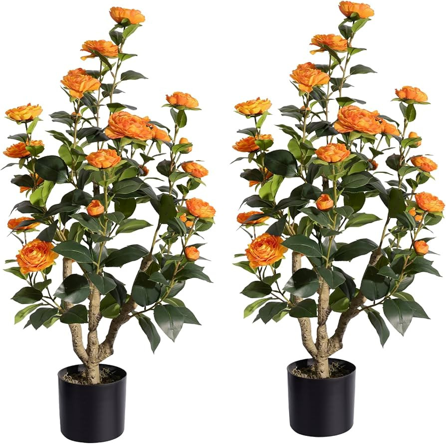 2Pack Artificial Camellia Tree 3FT, Orange Faux Camellia Plant Fake Potted Camellia Flower Tree P... | Amazon (US)