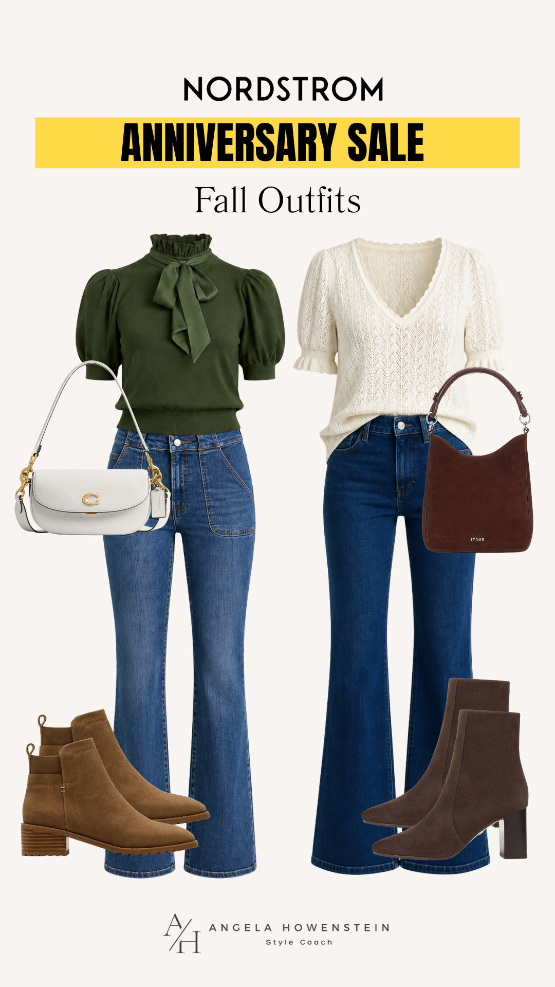 These are two fall outfit formulas from the Nordstrom Anniversary Sale. A feminine knit with flare jeans and ankle boots is a timeless combination you'll wear from now through fall, and these pieces are still on sale, but not for long! 

👩‍💻 LTK PRO TIPS
❤️ Heart = Support my posts ;-)
🔖 Save = Get sale & restock alerts for the things you love!
📋 Lists = Keep favorites organized (List ideas: Christmas, Birthdays, and Vacations!)
📲 Share = Send lists and products to a friend (or your daughters like me).
💬 Comment = Ask me anything, and I'll answer. ;-) 

 #LTKootd #LTKOver40 #LTKSaleAlert