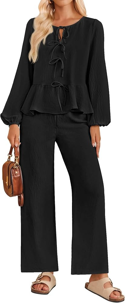 ZESICA Women's Two Piece Outfits Set 2024 Long Sleeve Tie Front Top and Wide Leg Pants Casual Lou... | Amazon (US)