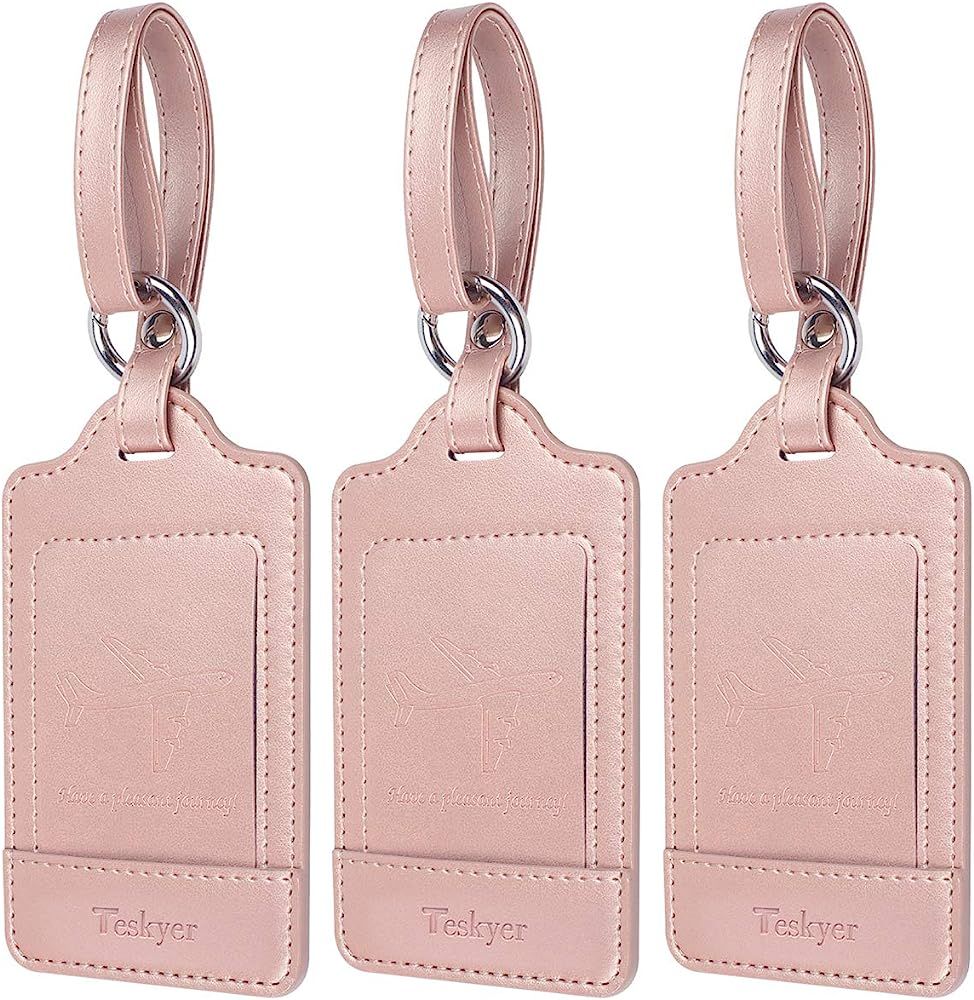 Teskyer Luggage Tags, 3 Pack Premium PU Leahter Luggage Tags Privacy Protection Travel Bag Labels Su | Amazon (US)