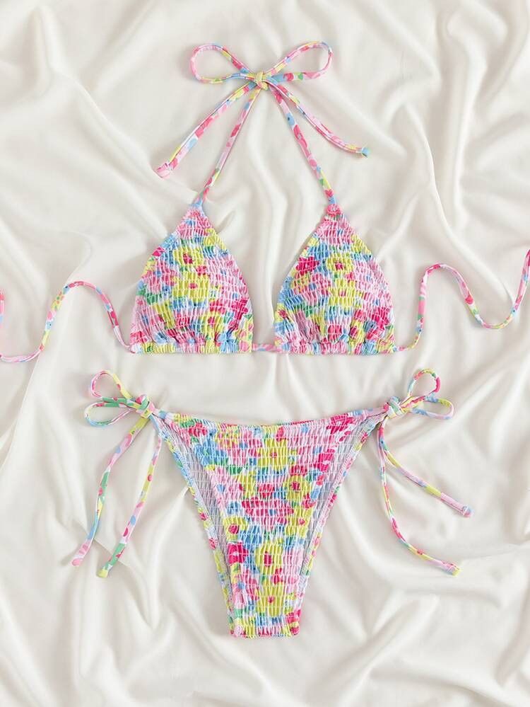 Zufälliges Bikini Set mit Blumenmuster, gesmoktes Neckholder Triangel BH Top und Bikini Untertei... | SHEIN