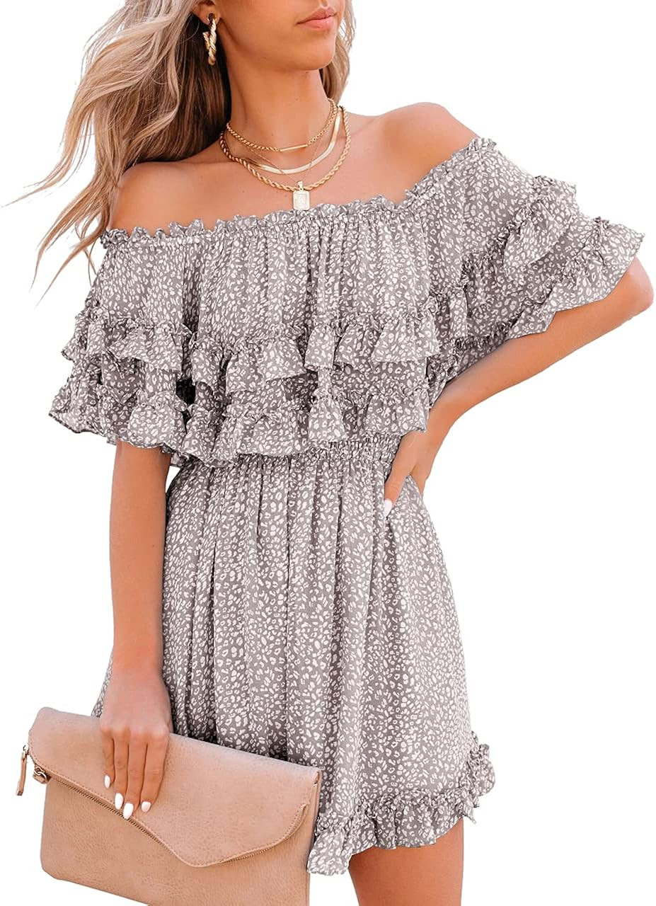 Fazortev Womens Flowy Off Shoulder Dress Summer Ruffle Smocked Casual Square Neck Elastic Waist M... | Amazon (US)