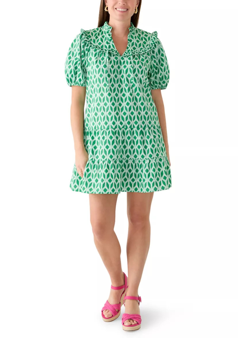 Petite Short Puff Sleeve Ruffle Yoke Dress | Belk