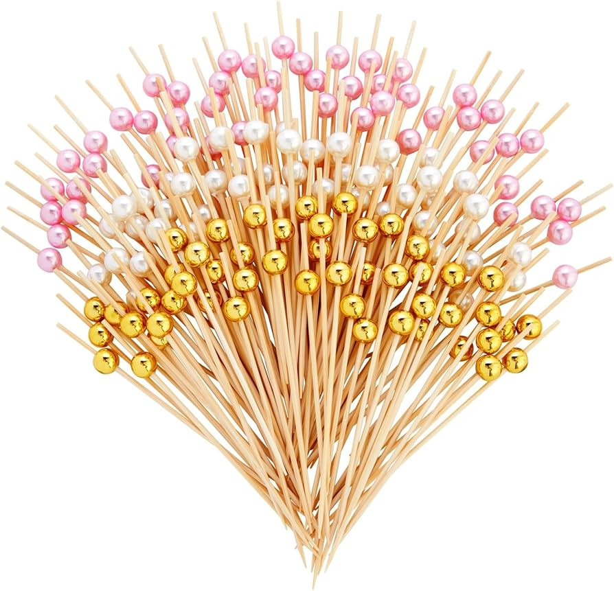 150 Pack of Decorative Toothpicks for Appetizers, Bamboo Food Picks (Pink, Gold, and White Pearl,... | Amazon (US)
