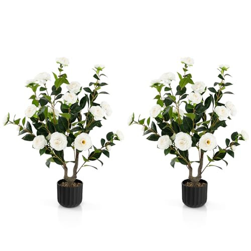 Goplus 38’’ Artificial Camellia Tree, 2 Pack Flower Plants Artificial Tree, Faux Floral Plant Blooming Tree in Cement Pot, Greenery Potted Plant for Indoor Outdoor Office Home Porch Decor | Amazon (US)