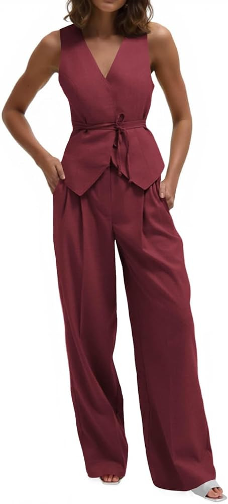 Cicy Bell Womens 2 Piece Outfits V Neck Tie Waist Blazer Vest and Wide Leg Business Casual Suit P... | Amazon (US)