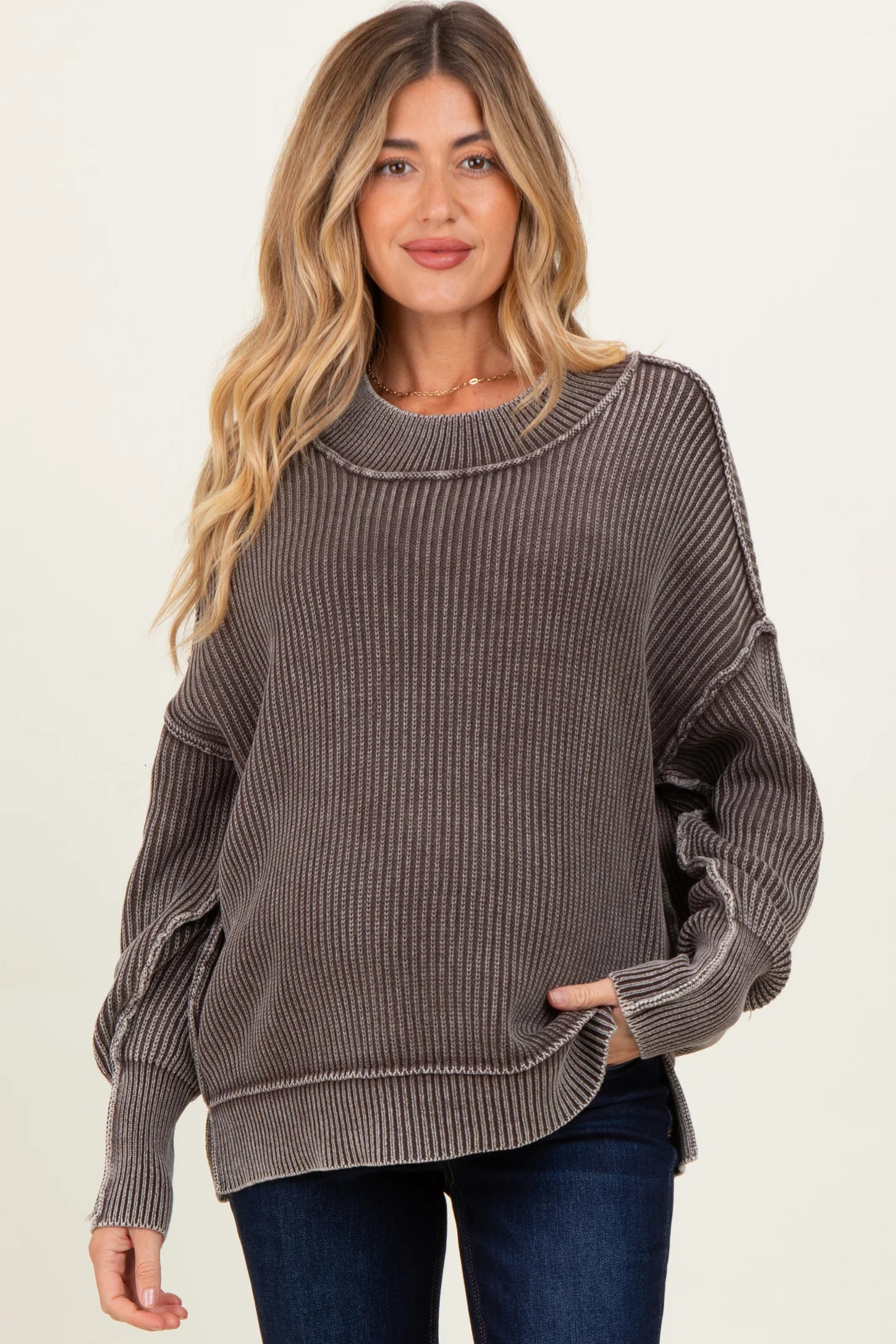 Brown Washed Side Slit Oversized Maternity Sweater | PinkBlush Maternity