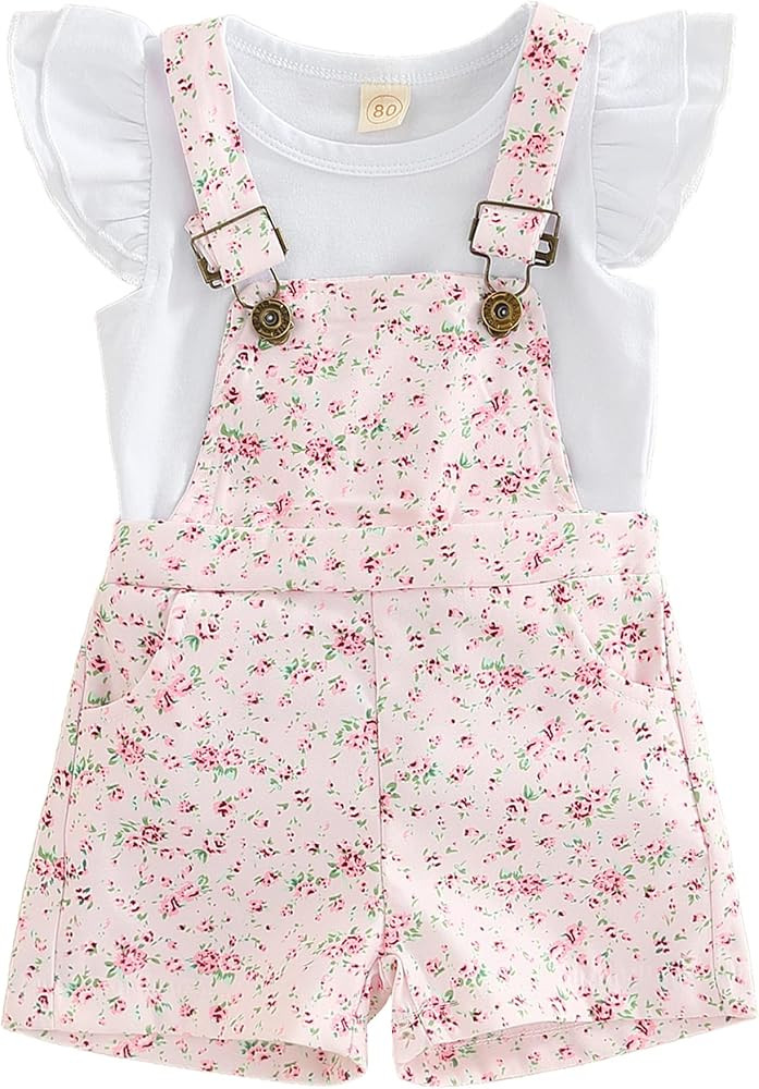 brilliantme Toddler Baby Girl Overalls Romper Outfit Ruffle Sleeve Tops T-Shirt Floral Suspender ... | Amazon (US)