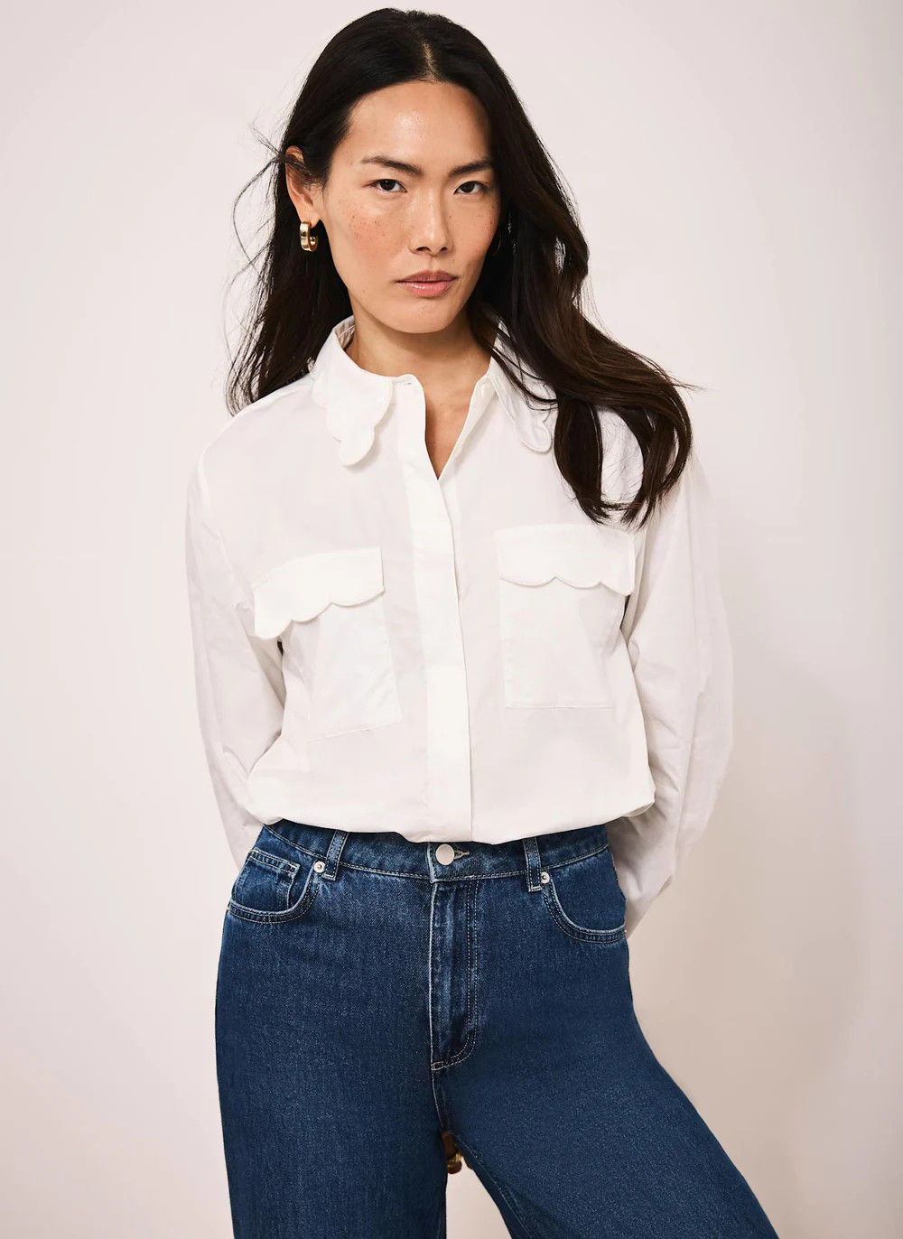 White Cotton Scallop Detail Shirt | Mint Velvet