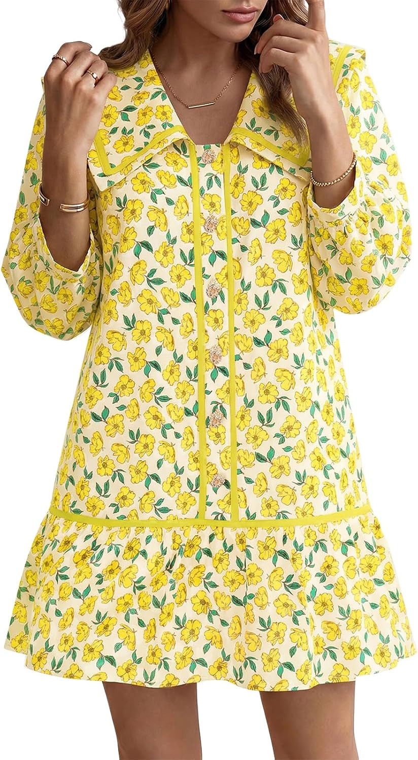 Wenrine Women 3/4 Sleeve Floral Shirt Dress Button Down Babydoll Mini Dress | Amazon (US)