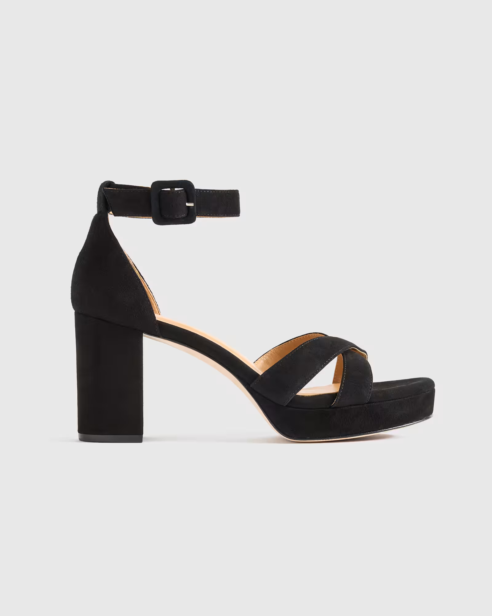 Italian Leather Crisscross Platform Block Heel Sandal in Black Suede | Quince