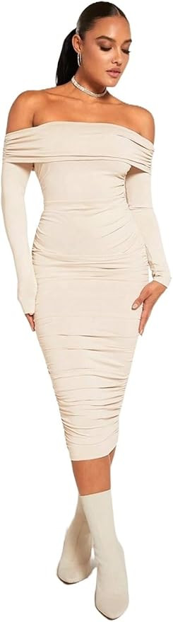 GLIGET Dresses for Women 2023 Off Shoulder Ruched Bodycon Midi Dress | Amazon (US)