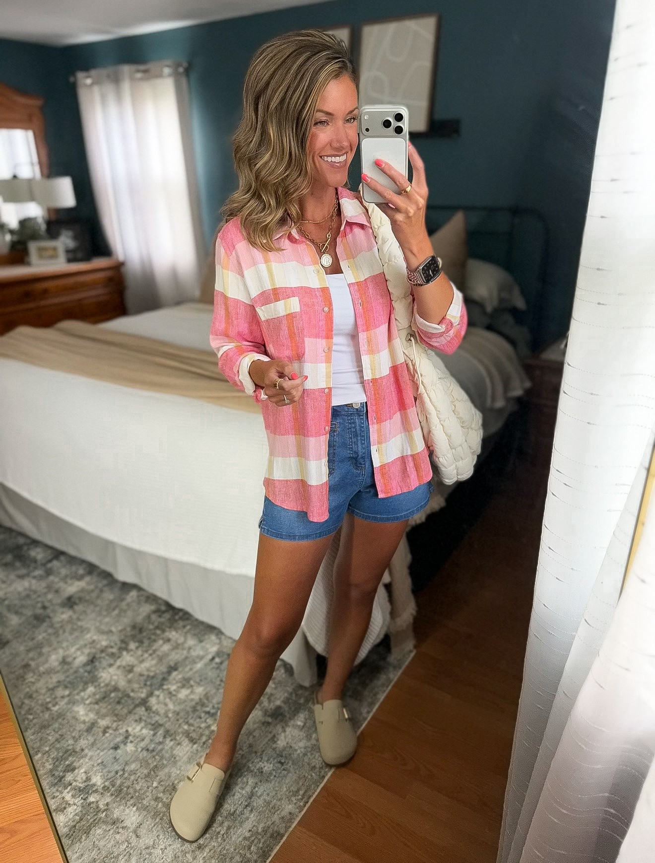 Early Fall outfit idea. I love the look of a plaid button down and this one is nice and lightweight 
Top/ small
Tank/ medium
Shorts/ medium