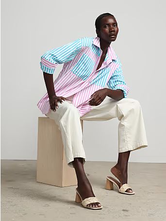 colorblock-stripe oversized boyfriend poplin shirt | New York & Company